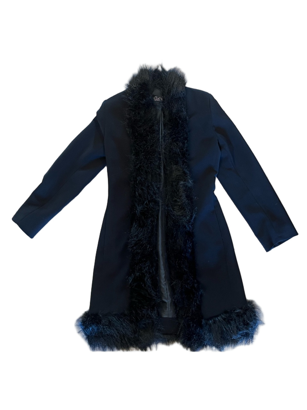 Very Very Australia Black Faux Fur Trim Penny Lane Longline Coat Jacket - Size 8